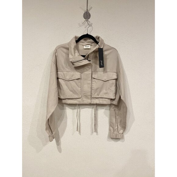 YoungLA Jacket Womens Small Beige Cropped Utility Cotton Drawstring Waist New - Picture 2 of 6